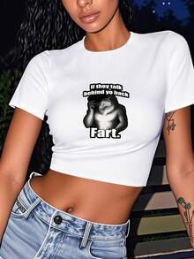If They Talk Behind Your Back Fart Funny Oddly Specific Meme Graphic Print Women's Fashion Short Sleeve T-Shirt,Y2K Top Crop,Camisetas De Fiesta,Back To School,Vintage,Street Wear, Rock, Holiday, Vacation, Festival, Summer Tops, Free Shipping - 白色 - 查看 2
