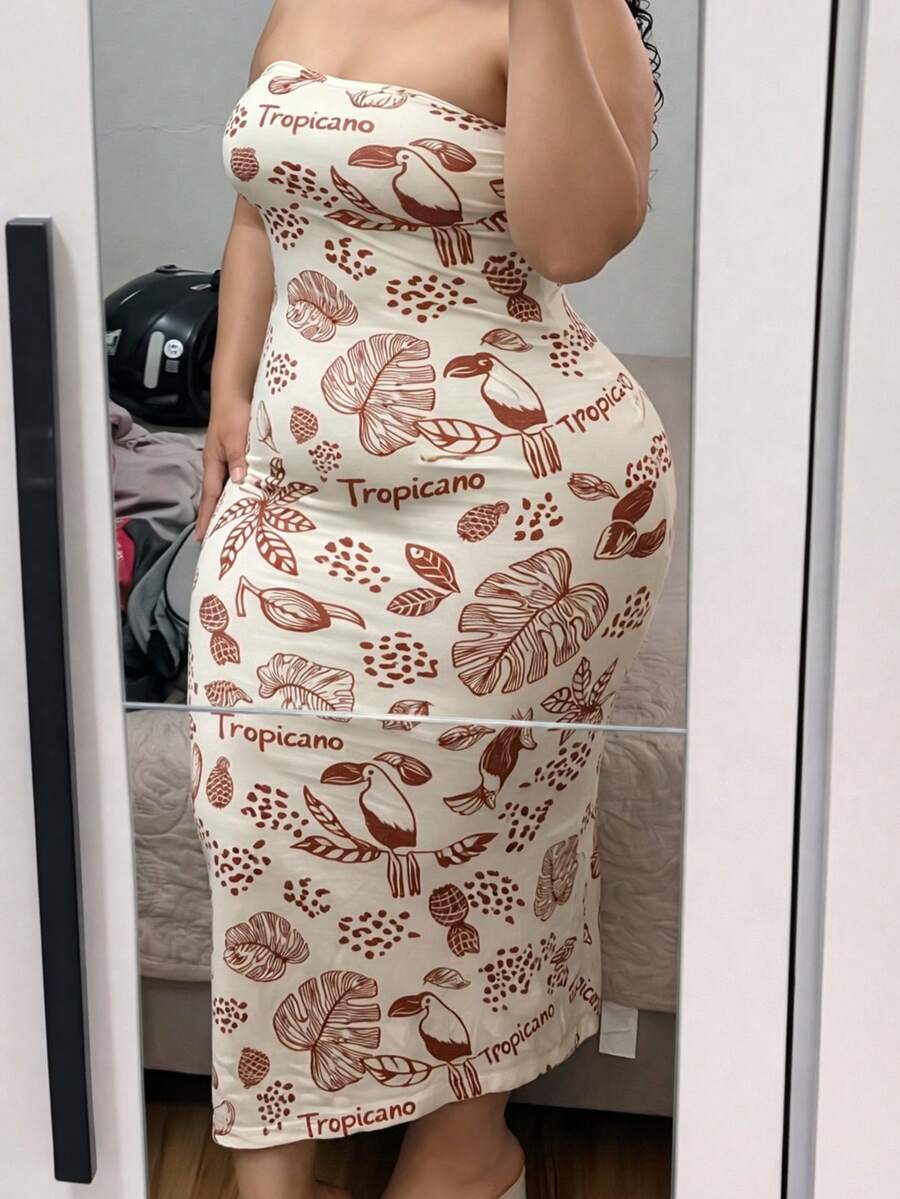 Women's Strapless Plus Size Dress With Tropical Toucan Print – Perfect Fit And Comfort For Summer - Rust Brown - View 1