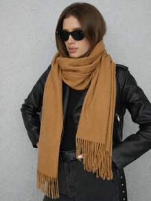Plain Winter Thick Pashmina Scarf 225g With Fringe Unisex - cor camelo - 查看 5