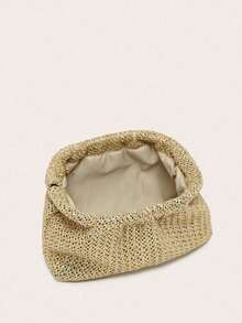 Bolso de mano de paja para mujer, de unicolor, de gran capacidad, con estilo clásico retro, adecuado para vacaciones y viajes - Dorado - Ver 4
