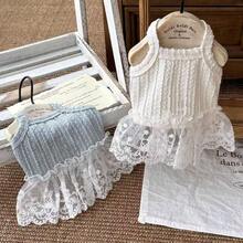 2pcs/Set Spring & Summer Small Dog Lace Camisole Princess Dress, Happy Dog Camisole Vest, Cat Clothes (Random Fabric Patterns) - White - View 10