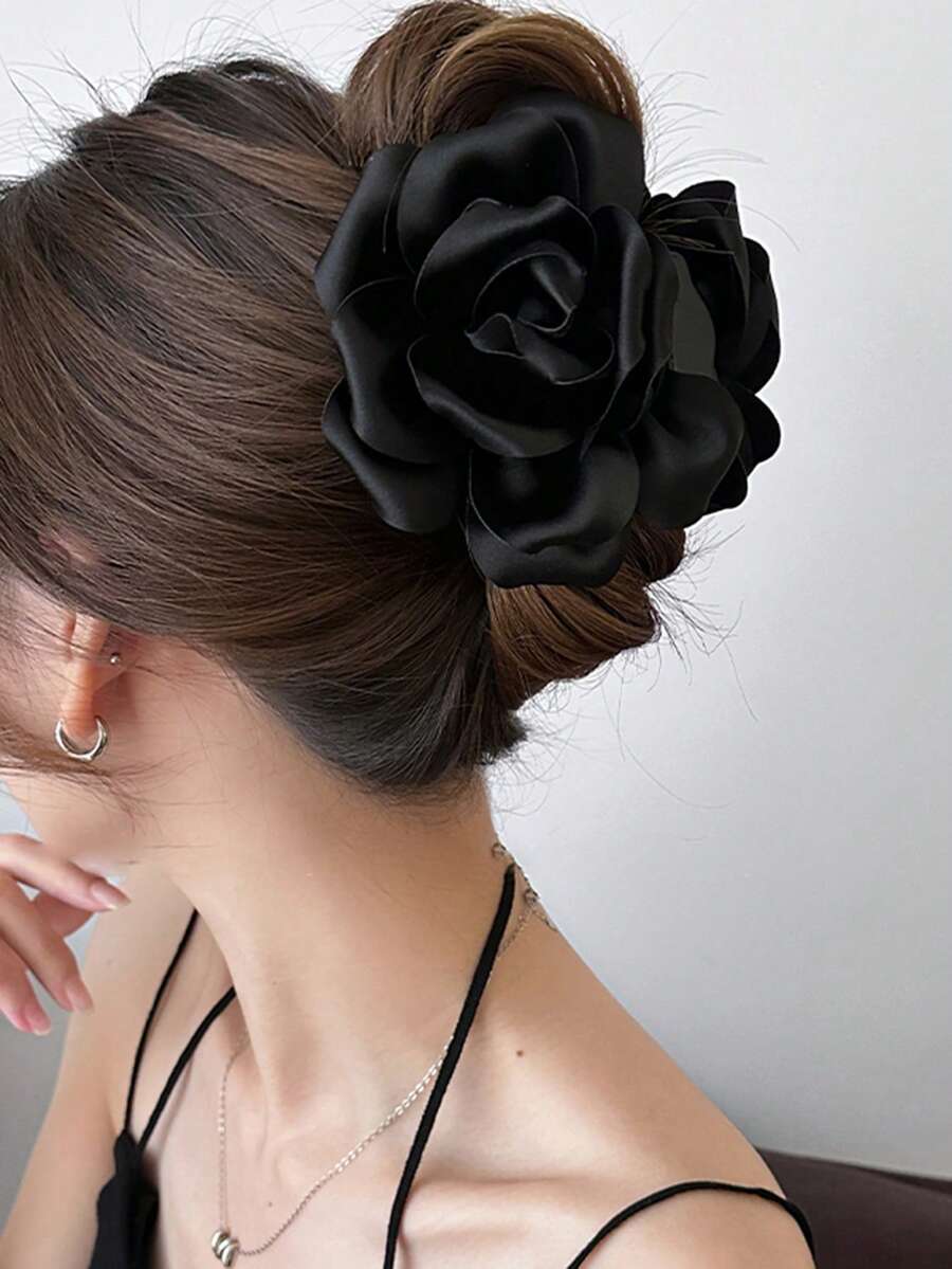 1 chiếc kẹp tóc hình hoa hồng bằng satin dành cho nữ, thích hợp cho sử dụng hàng ngày và các dịp dự tiệc. Phụ kiện tóc mùa hè, kẹp tóc đi biển, kẹp tóc thời trang cho kỳ nghỉ. - màu đen - Xem 1