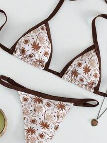 Onefish 女士白色和棕色热带棕榈印花比基尼套装，三角肩带滑动罩杯上衣，侧边系带可调节，低腰高衩泳裤，夏季沙滩泳装 - 白色 - 查看 3