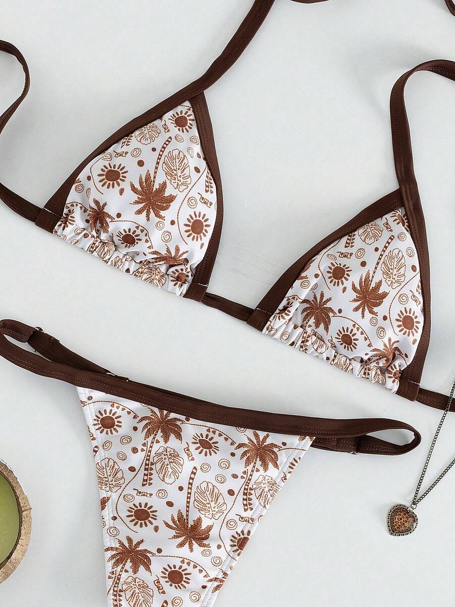 女士白色和棕色热带棕榈印花比基尼套装，三角肩带滑动罩杯上衣，侧边系带可调节，低腰高衩泳裤，夏季沙滩度假泳装 - 白色 - 查看 1