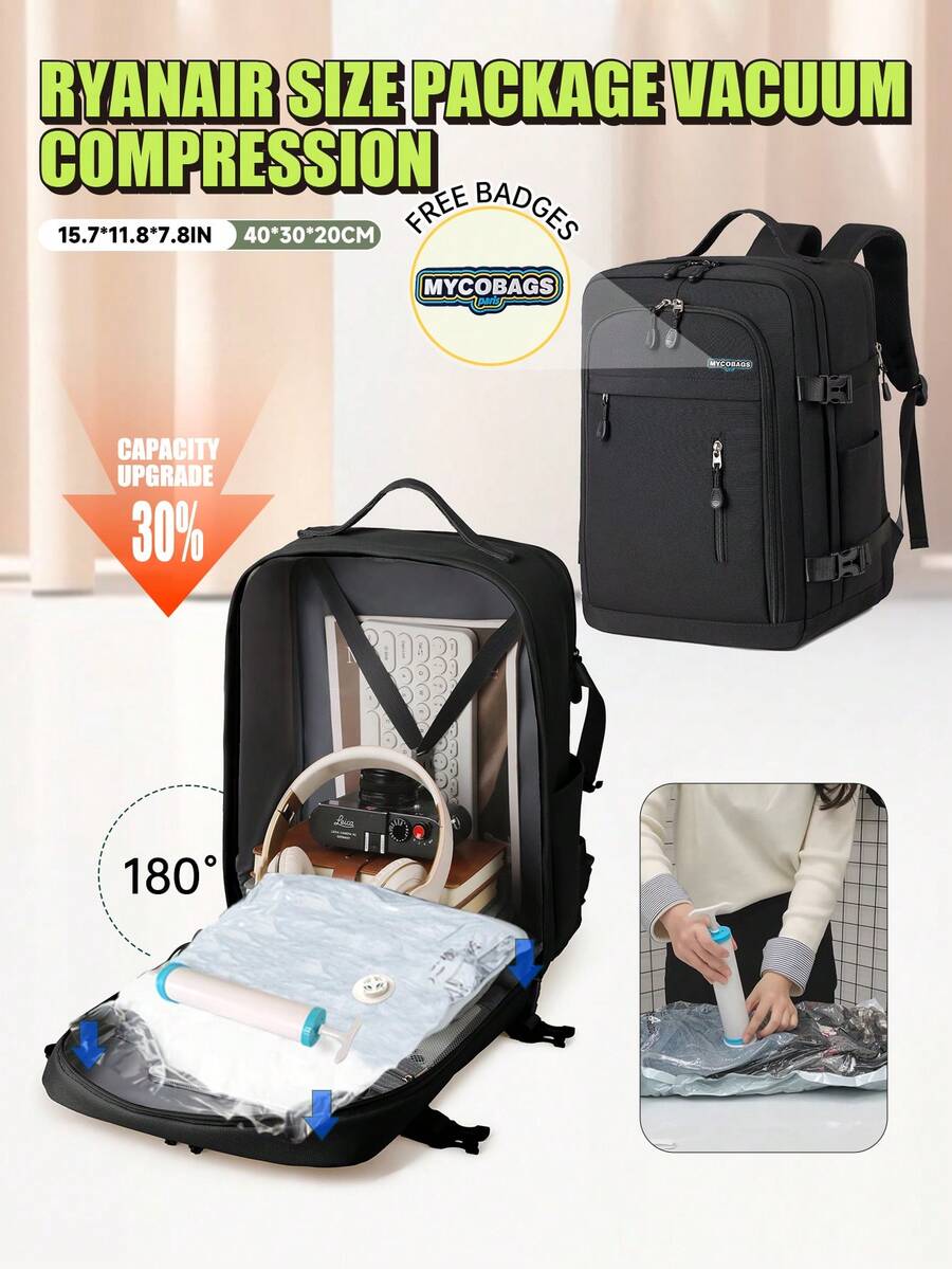 Myco Travel Bag Luggage Bag 40*25*20, Flight-Approved Multi-Functional Backpack, Women's Backpack, Vacuum Compression Bags With Vacuum Pump, Space-Saving Organizer, Frees Up 50% Of Space, Increased Storage, Vacuum Bag Backpack Combo Set