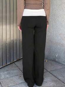 Sunny Girly Summer Y2K Back To School Casual Home Waistline White Pleated Patchwork Straight Pants - 黑色 - 查看 6