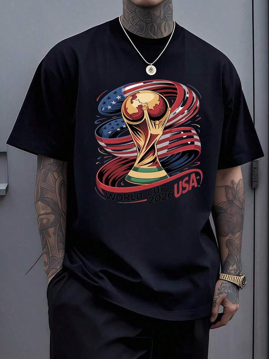 Men'S Soccer Ball & 2026 FIFAs WORLD CUP Graphic T-Shirt - Lightweight Breathable Fabric, Regular Fit Crew Neck Short Sleeve Casual Sportswear For, Training, Soccer Shirt, Athletic Apparel, Sporty Design, Comfortable Fit, Athletic WearRelaxed T-Shirt,Men Pure Cotton Soccer Players Soccer USA Team Graphic Sports Soccer Round Neck Short Sleeved Casual T-Shirt - 黑色7 - 查看 1
