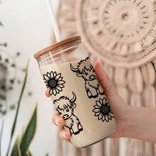 4张奶牛与花朵UV DTF转印贴纸，适用于16盎司Libbey玻璃杯（9.4x4.3英寸），可爱纯黑色奶牛与花朵防水贴纸，无需加热 - 牛花 - 查看 2