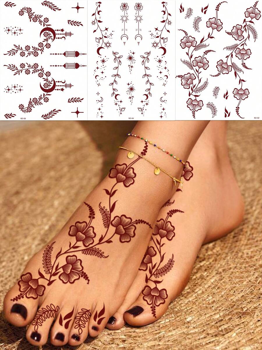 3 piezas Tatuajes temporales de henna con diseño de luna y flor en marrón-rojo - Diseño Manhaiti, tatuajes a prueba de agua para manos, dedos, pies, arte corporal de transferencia de agua marrón-rojo, adecuado para fiestas y festivales de pintura corporal