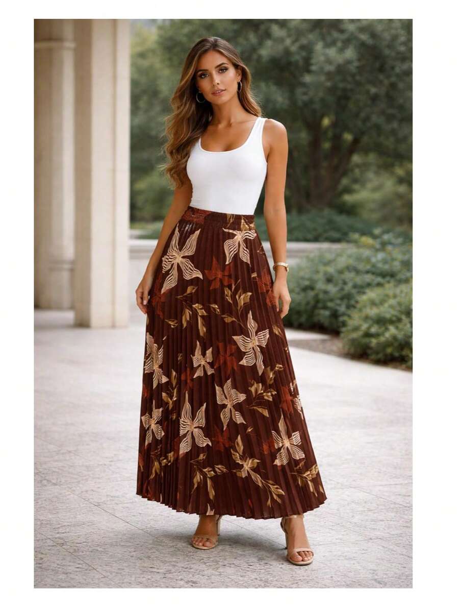 Long Pleated Crepe Skirt With Lining, Ideal For All Occasions. - Rust Brown - View 1