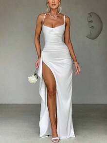 Sy-Elegant Sexy Satin Strapless Off Shoulder Frill Trim Waist Party Dress, Bridesmaid Dress, Formal Gown. - 寶藍色 - 查看 7