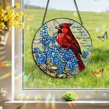 1件彩绘玻璃阳光捕捉器装饰品，圆形，图案包括蜂鸟、罂粟花、红雀和蓝色花朵。 - 掛飾 - 查看 2