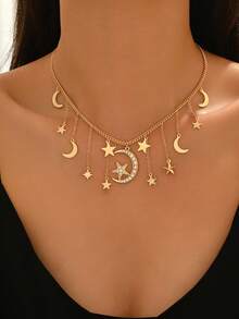 1pc Middle Eastern Style Creative Minimalist Star & Moon Combination Crescent Tassel Pendant Necklace, Versatile Daily Wear For Women, Suitable For Festive Dresses, Great Gift For Family/Friends - Yellow Gold - View 5