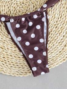 QKJ 女士棕白波点比基尼套装，三角挂脖式滑动罩杯，宽系带比基尼上衣，侧边系带可调节下装，低腰高衩，性感夏季海滩度假装扮 - 棕色 - 查看 5