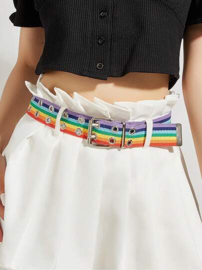 1条Y2K彩虹帆布腰带，Y2K风格女式腰带，波西米亚风彩虹腰带，Y2K配饰，适合搭配牛仔裤、连衣裙、休闲装、派对、节日、假日、街头、校园、音乐节、夏季等场合。