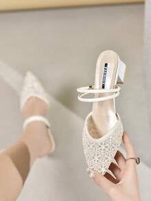 New Mesh Pointed Toe Chunky Heel Sandals Mules Two-Way Wear Pumps - Beige - View 2
