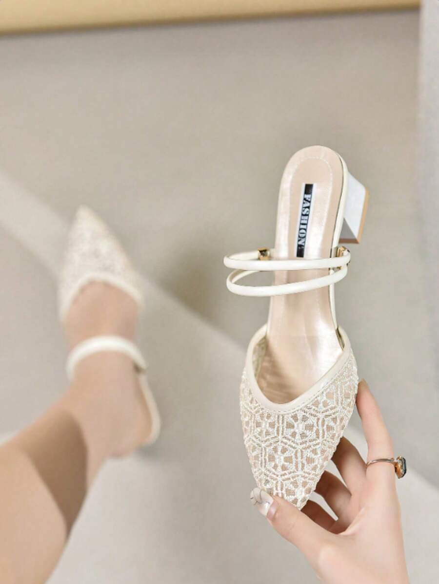 New Mesh Pointed Toe Chunky Heel Sandals Mules Two-Way Wear Pumps