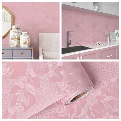 1卷粉色花卉自粘PVC壁纸 - 防水、易清洁、可移除、纹理设计、压纹玫瑰花卉壁纸，适用于卧室、橱柜、客厅家具翻新，易撕易贴，卧室墙面装饰 | 纹理壁纸 | 易撕易贴，卧室花卉壁纸