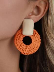 1 Pair Handmade Rattan Woven Hollow Round & Rectangular Natural Wood Earrings, Suitable For Vacation, Party, And As Souvenir, Actual Size May Vary Slightly Due To Handcrafted Nature - Orange - View 2