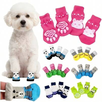 4 piezas Protectores de patas antideslizantes para perros y gatos - Resistentes para todas las estaciones de poliéster, aptos para uso en interiores/exteriores, lavables a máquina compatibles con perros pequeños y medianos/4 calcetines antideslizantes para perros - Protección de patas de poliéster duradero, evita que las patas se laman, aptos para perros y gatos de interior/exterior, zapatos para mascotas cómodos, antideslizantes para gatos y perros, para uso en interiores durante todo el año, protectores de patas de perro, accesorios transpirables para exteriores