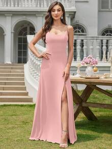 Volly Toych Solid Color Chiffon Maxi Elegant Formal Bridesmaid Dress, Low Back Design - Baby Pink - View 4