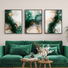 Juego de 3 impresiones de pintura de tinta fluida verde y dorada, decoración de arte de pared para la sala de estar, sin marco incluido - Multicolor - Ver 3