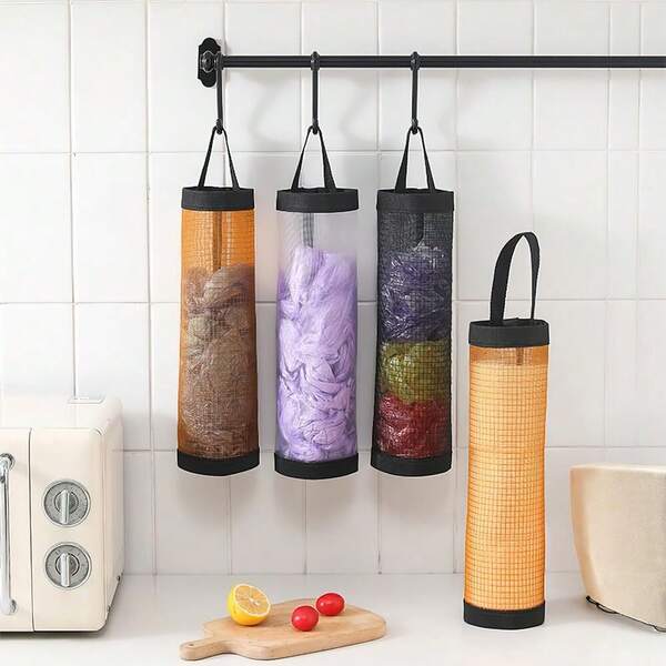 Mesh Garbage Bag Storage Plastic Bag Holder Dispenser Folding Hanging Storage Garbage Bag Storage Rack Recycling Grocery Bag Container Belt Suitable For Home And Kitchen Black