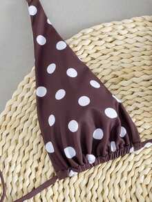 QKJ 女士棕白波点比基尼套装，三角挂脖式滑动罩杯，宽系带比基尼上衣，侧边系带可调节下装，低腰高衩，性感夏季海滩度假装扮 - 棕色 - 查看 4