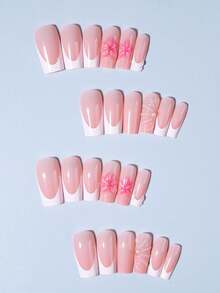 24片长方形3D仿真花朵美甲假指甲套装，包含1瓶凝胶胶水和1个指甲锉，白色法式美甲和夏季美甲款式，适合女性日常工作、节日和派对场合。 - 彩色 - 查看 3