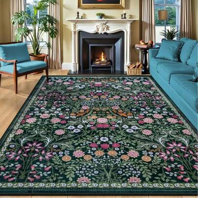 1pc 1000g/Sqm Faux Wool Vintage Floral Pattern Carpet, Deep Green Multi-Color Living Room Carpet, Soft Velvet Non-Slip Mat Suitable For Bedroom Hallway - Large Size Farmhouse Bohemian Style Decorative Rug