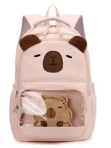 1pc 3D Capybara Embroidery + Transparent PVC Window Nylon Waterproof Large Capacity Multi-Compartment Zipper Closure Cute & Playful Backpack, Suitable For Students And Daily Commute - Multicolor - View 10