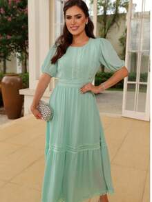 Daiana Women's Modest Maxi Midi Dress In Crepe With Guipure Lace Details And Back Zipper - Green - View 4