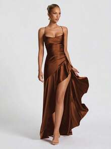 Women's Solid Color Spaghetti Strap Sexy Tie-Up Ruffle Hem Slit Dress - Brown - View 3