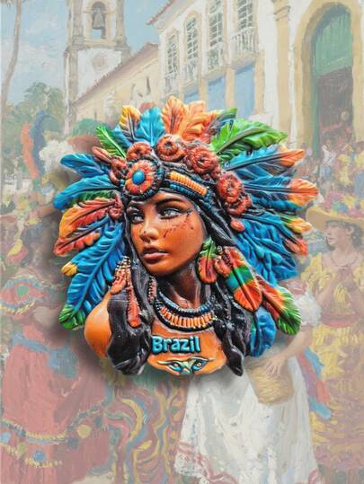 1个巴西风情羽毛头饰冰箱贴，女孩造型磁性装饰贴纸，3D风景旅行纪念磁贴，3D彩绘旅行纪念磁贴，创意独特高端家居装饰磁贴，3D浮雕树脂工艺冰箱贴，创意厨房装饰，著名风景磁贴，旅行爱好者家居装饰礼品