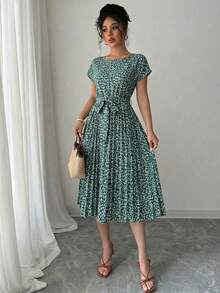 Summer Boho Floral Print Dress Women's Batwing Short Sleeve Tie Front Pleated Flounce Hem Casual Beach Vacation Maxi - 綠色 - 查看 2