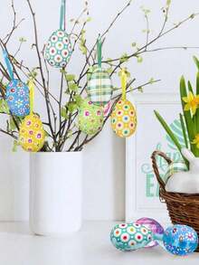 24个复活节挂饰彩蛋，丝带吊坠彩色彩蛋，彩色图案彩蛋，雏菊波点装饰，复活节树装饰，春季家居装饰，节日派对用品，格子布彩蛋，DIY手工配件，节日墙门装饰，篮子标签 - 彩色 - 查看 11