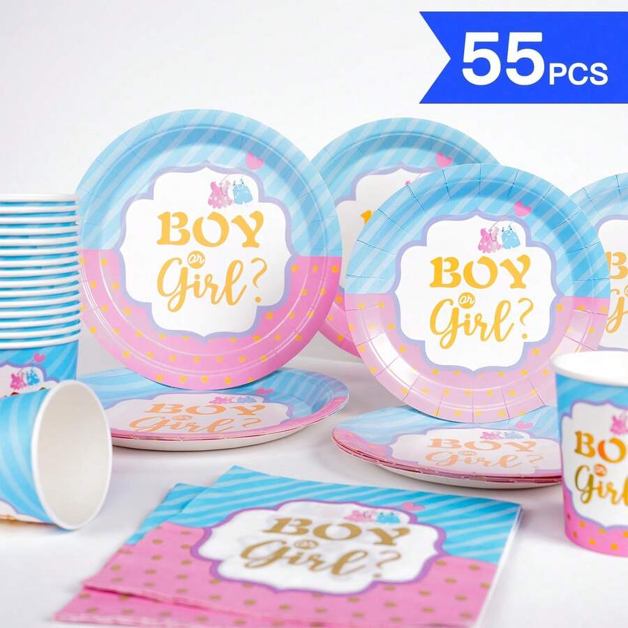 1 Set Gender Reveal Disposable Plates, Napkins, Cups, One-Time Party Supplies Suitable For 10 Guests, Disposable Paper Plates Party Tableware For Birthday, Wedding, Theme Party, Family Picnic - Style 2 - View 1