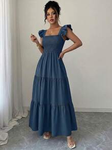Summer Square Neck Backless Smocked Dress Women's Sleeveless Ruffle Trim Tiered Cami Midi Beach Vacation Dress - 藏蓝色 - 查看 4