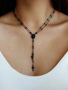 1pc Black Multi-Layer Cross & Virgin Mary Y-Necklace, Suitable For Holiday Wear, Mother's Day Gift - Black - View 6