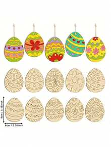 40pcs Unfinished Wooden Easter Eggs, DIY Craft Decorative Eggs, Paintable Wooden Egg Slices, Jute Rope, Easter Coloring Activity, Blank Wooden Slices, Spring Tree Hanging Decor, Holiday Party Favors, Painting Toys, Rustic Style Festival Decoration - Multicolor - View 5