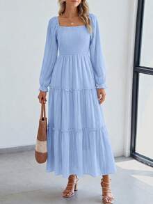 PRETTYGARDEN Women Elegant  Maxi Dresses For Fall Boho Long Sleeve Smocked A Line Ruffle  Wedding Guest Holiday Party Long Dress With Pockets New Years Valentine Vacation Spring Dresses For Women Vestidos Elegantes De Mujer - 淺藍色 - 查看 3