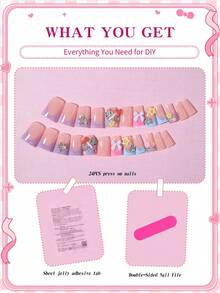 Sanrio Hello Kitty Y2K 24片中號鴨子造型豹紋與粉色法式美甲貼片，附可愛3D Hello Kitty、粉色蝴蝶結、愛心、鑽石星星、棒棒糖、水鑽與花朵設計，完美貼合假指甲套組，適合女孩日常與派對使用 - 彩色 - 查看 5
