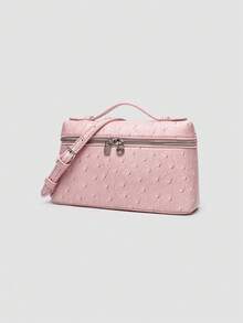1 pieza Bolso de hombro cuadrado de unicolor con textura de piel de Litchi, pequeño bolso de mano para mujer, adecuado para combinar con diaria, salidas, compras, fiestas, bolso de v - Rosa 2 - Ver 3