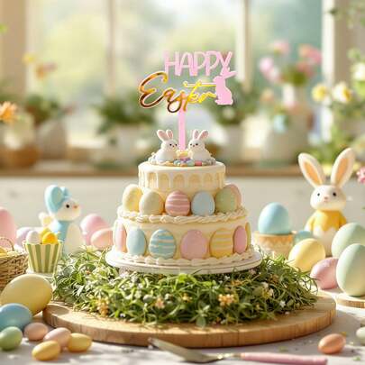 1个/3个/6个粉色和蓝色复活节快乐亚克力蛋糕装饰插牌，兔子蝴蝶造型，适用于复活节派对装饰