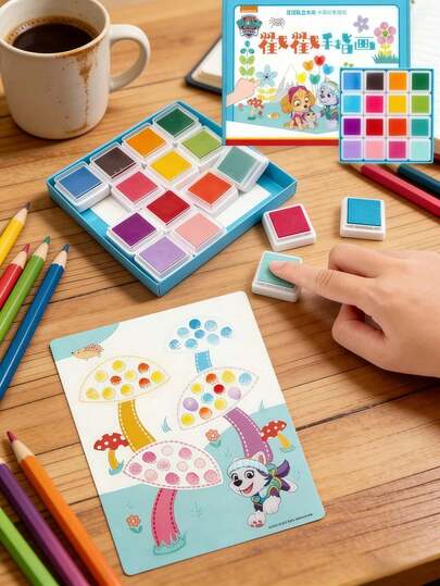  Paw Patrol schattige cartoonhond vingerverfset - Afwasbare verf, 20 verschillende patroonkaarten, 16 kleuren, 1 vingerverfboek, vingerverfbenodigdheden, educatief cadeau voor jonge kinderen, knutselproject, terug naar school