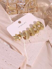 6/18pcs New Fashion Starfish, Seashell, Spiral C-Shape, Moon & Ocean Series Earrings Set, Suitable For Summer Travel & Vacation Wear - Gold - View 6