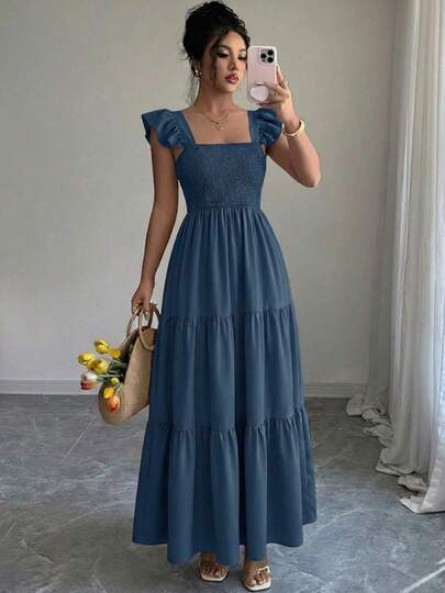 Summer Square Neck Backless Smocked Dress Women's Sleeveless Ruffle Trim Tiered Cami Midi Beach Vacation Dress