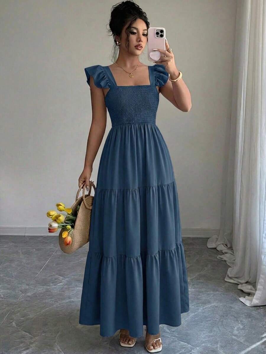 Summer Square Neck Backless Smocked Dress Women's Sleeveless Ruffle Trim Tiered Cami Midi Beach Vacation Dress - 藏蓝色 - 查看 1