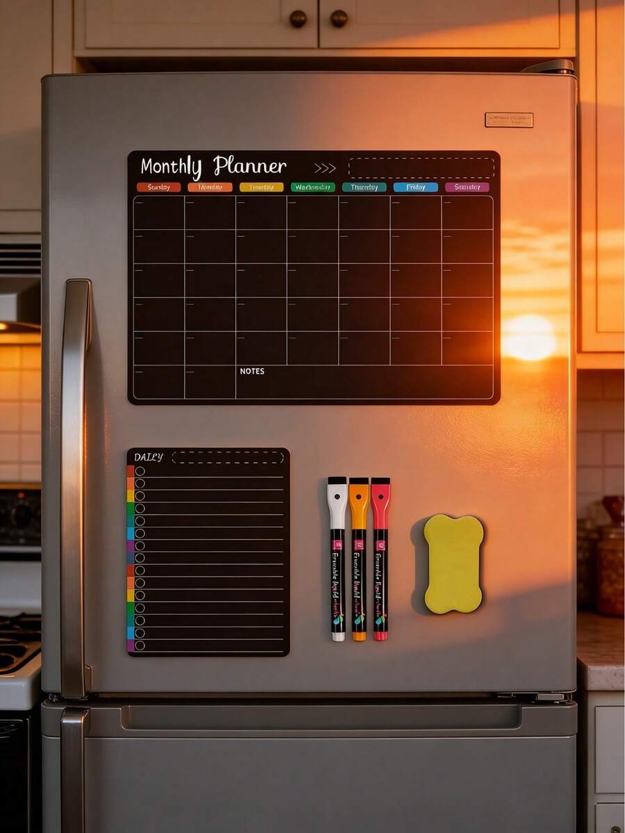 磁性可擦写冰箱日历，月度冰箱计划表和今日菜单清单整理白板，2 件装冰箱黑板，适用于厨房办公室，包含 3 支马克笔 + 1 个板擦 - 黑彩6件套 - 查看 1