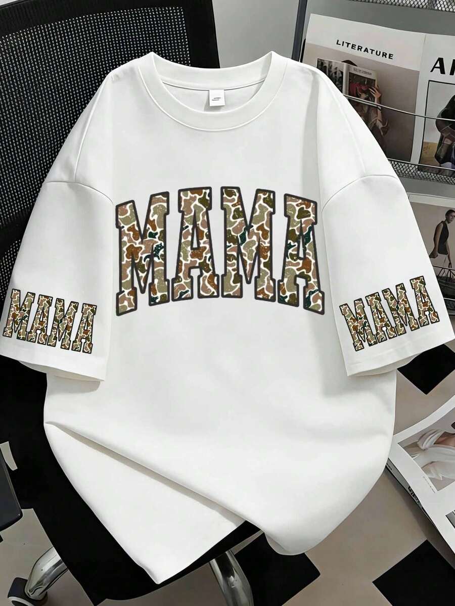 Mother's Day Plus Size Women's Summer MAMA Letter Camouflage Print Round Neck Short Sleeve Casual T-Shirt White - White - View 1